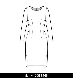 Abito guaina tecnica moda illustrazione con maniche lunghe, corpo montato, lunghezza ginocchio gonna a matita. Parte anteriore dell'abbigliamento piatto, colore bianco. Donne, uomini unisex CAD mockup Illustrazione Vettoriale