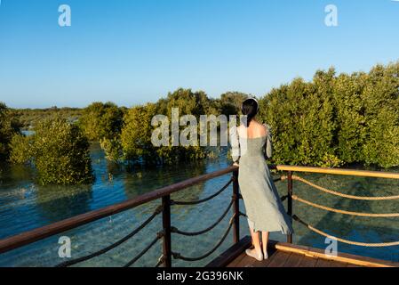 Donna che visita Mangrove passeggiata lungomare parco pubblico a Jubail isola Abu Dhabi la capitale degli Emirati Arabi Uniti Foto Stock