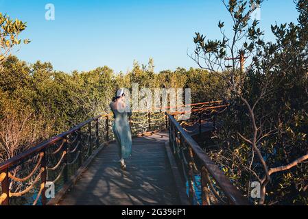 Donna che visita Mangrove passeggiata lungomare parco pubblico a Jubail isola Abu Dhabi la capitale degli Emirati Arabi Uniti Foto Stock