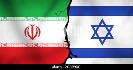 Iran contro Israele su Going Conflict Representation con sia Country Flags che Crack nel Centro. Moderno contesto politico e di concetto di guerra Foto Stock