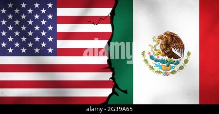 Tensione tra Stati Uniti e Messico con Flags and Crack al centro. Contesto di rappresentanza dei paesi di confine in conflitto Foto Stock