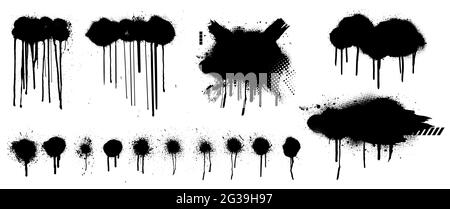 Stampa a spruzzo di modelli Graffiti disegnati a mano. Stencil mockup nero grunge punti, nuvole e vernice gocciolante. Grunge mockup di texture grafiche. Vernice spray vettoriale Illustrazione Vettoriale