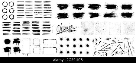 Raccolta di grunge diversificata con molti elementi diversi: Trama sovrapponente, inchiostro spruzzi stampino, graffiti spray, pennellata con schizzi Illustrazione Vettoriale