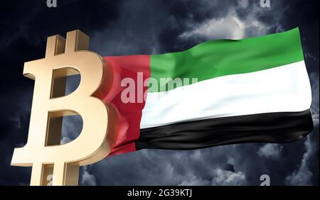 Criptovaluta bitcoin oro con bandiera UAE ondulata. Rendering 3D Foto Stock