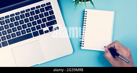 Posa piatta, mano di uomo d'affari che scrive su notebook con computer portatile e pianta e penna su scrivania in ufficio, luogo di lavoro e notebook e vaso albero e. Foto Stock