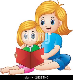 Libro di lettura di madre e figlia insieme su uno sfondo bianco Illustrazione Vettoriale