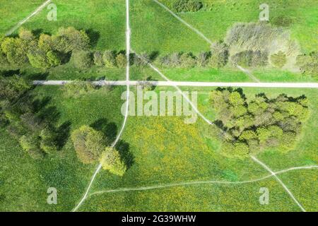 vista aerea dall'alto in basso su un incrocio di sentieri in un paesaggio di parco verde Foto Stock