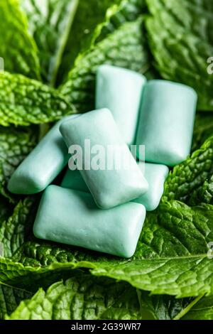 Tamponi di gomma da masticare alla menta sulle foglie di menta verde. Foto Stock