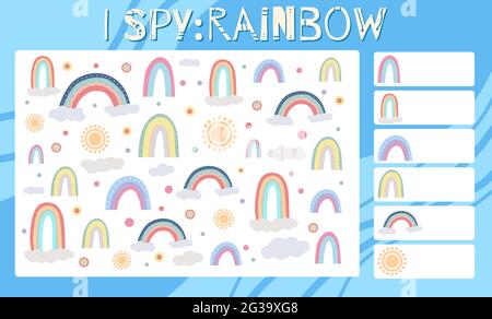 Gioco spia. Divertimento educativo per i bambini. Contare quanti elementi meteorologici. Arcobaleno, nuvola, sole e puntini disegnati a mano. Modello spazio vettore per la preselezione Illustrazione Vettoriale