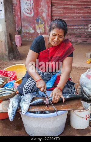 Pescatrice indiana che taglia il pesce grande con il coltello grande nel mercato, Agonda, Goa, India Foto Stock