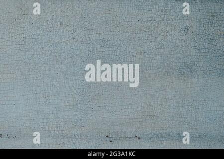 La vecchia superficie di legno è ricoperta di vernice sbiadita di colore azzurro, finemente spaccata dalla vecchiaia. Texture, sfondo. Foto Stock