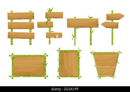 Set di cornici di bambù verde, cartelli da tavole di legno in stile cartoon isolato su sfondo bianco. Collezione decorazioni asiatiche con foglie e. Illustrazione Vettoriale