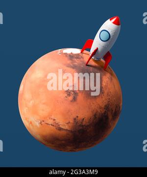 Cartoon Spaceship sbarcato su Marte su sfondo blu Foto Stock