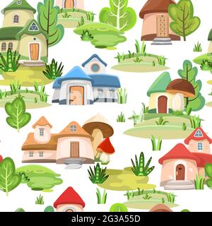 Villaggio di gnomi. Ripetizione senza giunture. Favoloso paesaggio con case e alberi. Funghi enormi. Stile cartone animato. Cute immagine sfondo isolato. Vettore Illustrazione Vettoriale