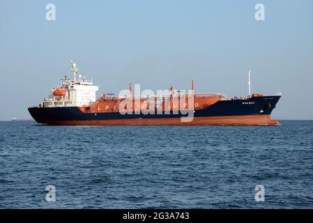 Nave per il trasporto di gas liquefatto nel porto di Kerch, Ucraina, dal 2014 occupata dalla Federazione russa Foto Stock