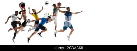 Collage di diversi sportivi professionisti, basket, tennis, pallavolo, fitness, corsa, calcio Foto Stock