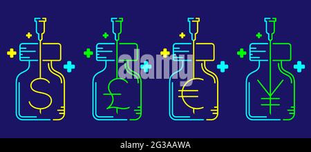 Logo covid-19 vaccino simbolo di valuta dollaro euro yen sterlina in bottiglia e siringa Punta con croce icona, vaccinazione commerciale costo illustrati Illustrazione Vettoriale