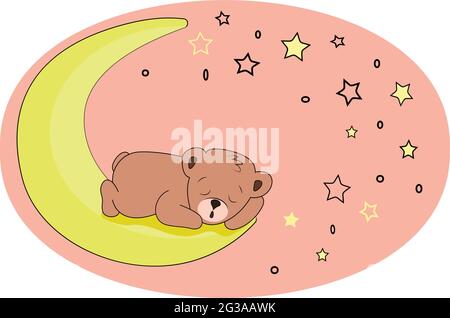 Carino cartolina per bambini. Un piccolo orsacchiotto dorme sulla luna, in un cielo rosa, sotto forma di un'ellisse con stelle. Illustrazione Vettoriale