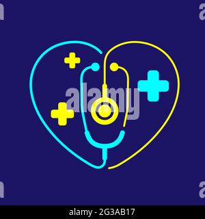 Logo Stethoscope in cuore amore cornice con croce icona, medico cura concetto disegno illustrazione blu, giallo colore isolato su blu scuro ba Illustrazione Vettoriale