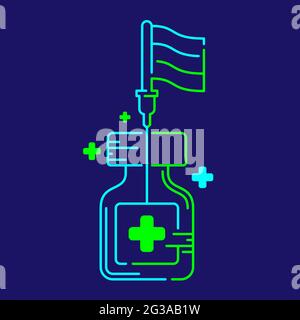 Logo covid-19 Vaccine simbolo della bandiera su flacone e siringa Punta con croce, Campagna di vaccinazione Victory Concept design illustrazione blu, colore rosso Illustrazione Vettoriale