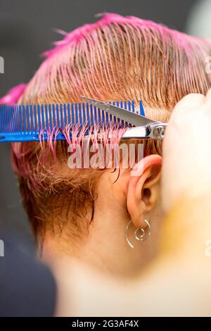 Giovane donna caucasica con capelli rosa che ottiene un taglio corto dalle mani di un parrucchiere maschio in un parrucchiere Foto Stock