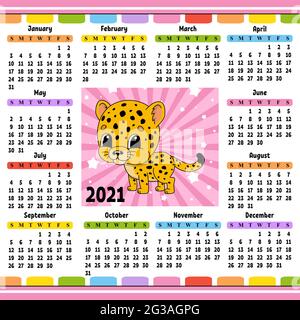 Calendario per il 2021 con un carattere carino. jaguar macchiata. Design divertente e luminoso. Illustrazione vettoriale a colori isolata. Stile cartone animato. Illustrazione Vettoriale