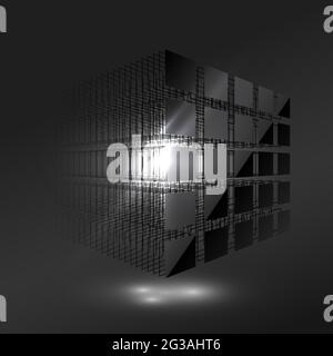 Cubo nero scuro da piccoli pezzi. Concetto di catena a blocchi. Big data. Memorizzazione dei dati del computer. Background tecnologico. Foto Stock
