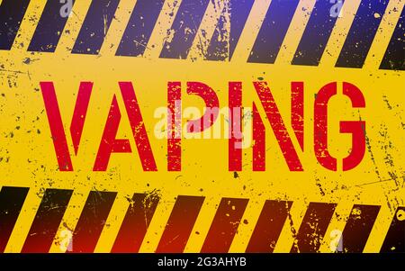 Stampigliatura sul cartello di pericolo con strisce gialle e nere. Segnale di avvertimento elettronico per le sigarette elettroniche. Foto Stock