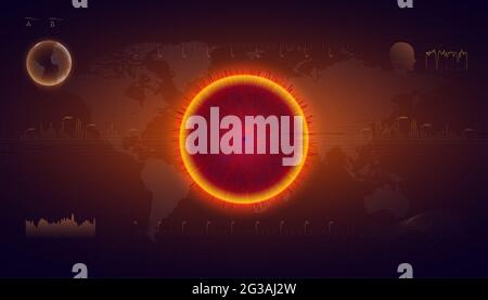 Pericolo di virus mortale. Ologramma del coronavirus COVID-2019 su sfondo futuristico in stile HUD. Infezione nel mondo. Malattia biologica Foto Stock