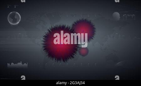 Studio microbiologico. Virus Cell analysis. Pericolo di virus mortale. Ologramma del coronavirus COVID-2019 su sfondo futuristico in stile HUD. Infezione Foto Stock