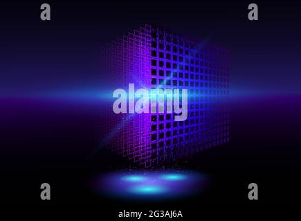 Cubo a reticolo prospettiva 3D. Cubo geometrico da piccoli pezzi. Illustrazione. Foto Stock