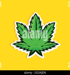 Foglia di cannabis in stile cartone animato su sfondo giallo. Icona verde della foglia di marijuana, logo, stampa. Foto Stock