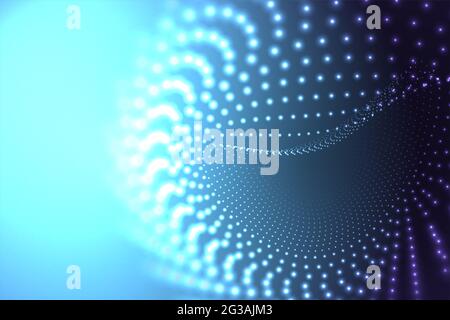 Copertina puntini astratti. Particelle dinamiche astratte di flusso di liquido con effetto di profondità di campo. L'onda dinamica futuristica si muove nello spazio. Foto Stock