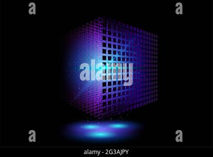 Cubo a reticolo prospettiva 3D. Cubo geometrico da piccoli pezzi. Illustrazione. Foto Stock