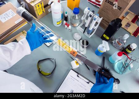 La polizia forense rimuove il coltello sanguinoso dal tubo di prova per testare il DNA del sospetto nel laboratorio di criminalità, immagine concettuale Foto Stock