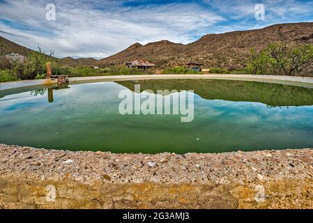 Serbatoio d'acqua in primavera, Tres Papalotes, campeggio nell'area di El Solitario, cupola vulcanica crollata ed erosa, Big Bend Ranch state Park, Texas, USA Foto Stock