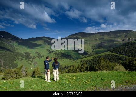 Valle di Setúria in primavera, vista dal col de la Botella, nella stazione sciistica Pal. Sullo sfondo, il passo di montagna del Porto di Cabús (Andorra, Pirenei) Foto Stock