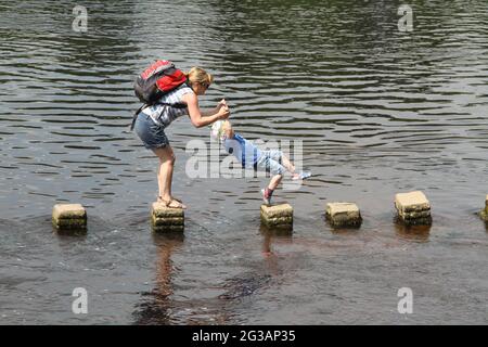 Abbazia di Bolten, Skipton, Yorkshire, Inghilterra. Una mamma giovane aiuta suo figlio a incrociare l'uso di pietre che corrompono il fiume Wharfe Foto Stock