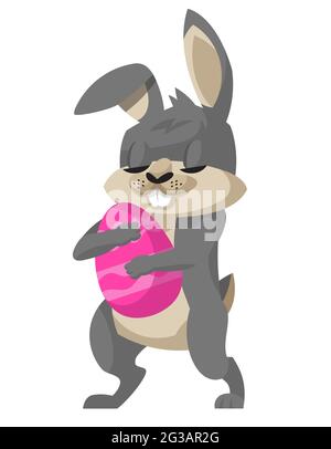 Coniglio che tiene uovo di pasqua. Carino animale in stile cartoon. Illustrazione Vettoriale