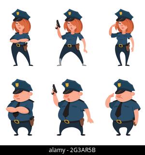 Ufficiali di polizia in diverse posizioni. Personaggi maschili e femminili in stile cartoon. Illustrazione Vettoriale