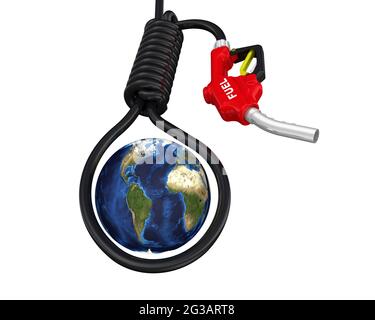 Crisi petrolifera a livello mondiale. Il globo nell'anello dal tubo flessibile della pistola di riempimento. Illustrazione 3D Foto Stock