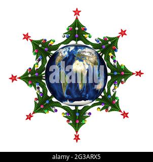 Alberi di Natale in tutto il mondo. Alberi di Natale sulla Terra. Isolato. Illustrazione 3D Foto Stock