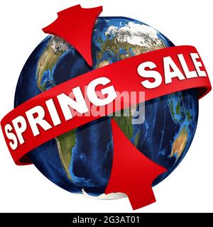 Vendita primaverile globale. Le frecce rosse sottolineano la VENDITA DI PRIMAVERA del testo bianco sullo sfondo del globo. Illustrazione 3D Foto Stock