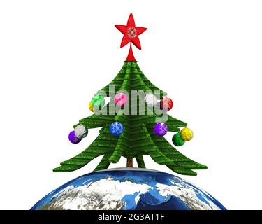 Nuovo anno sul pianeta Terra. Un albero di Natale decorato con palle di Natale si trova sul pianeta Terra. Isolato. Illustrazione 3D Foto Stock