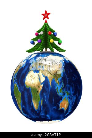 Nuovo anno sul pianeta Terra. Un albero di Natale decorato con palle di Natale si trova sul pianeta Terra. Isolato. Illustrazione 3D Foto Stock