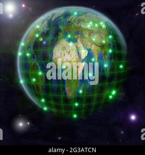 Messa a terra. Spazio paesaggio. Globo con linee verdi e punti sullo sfondo del cielo stellato. Illustrazione 3D Foto Stock