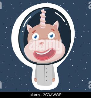 Un simpatico unicorno in uno spazio per il volo spaziale. Ritratto di un animale carino. Carattere vettoriale cartoon in semplice stile scandinavo disegnato a mano. Ideale per Illustrazione Vettoriale