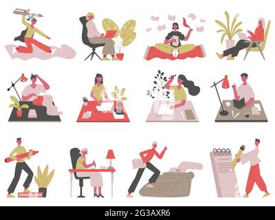 Scrittura di caratteri. Scrittore professionista, giornalista, blogger e copywriter scrivere testi o inviare insieme di illustrazione vettoriale. Narrazione e scrittura Illustrazione Vettoriale