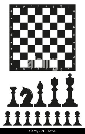 Scacchiera e scacchi su sfondo bianco Illustrazione Vettoriale