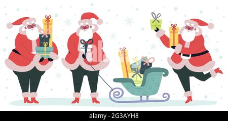 Natale divertente Babbo Natale con scatole regalo Illustrazione Vettoriale